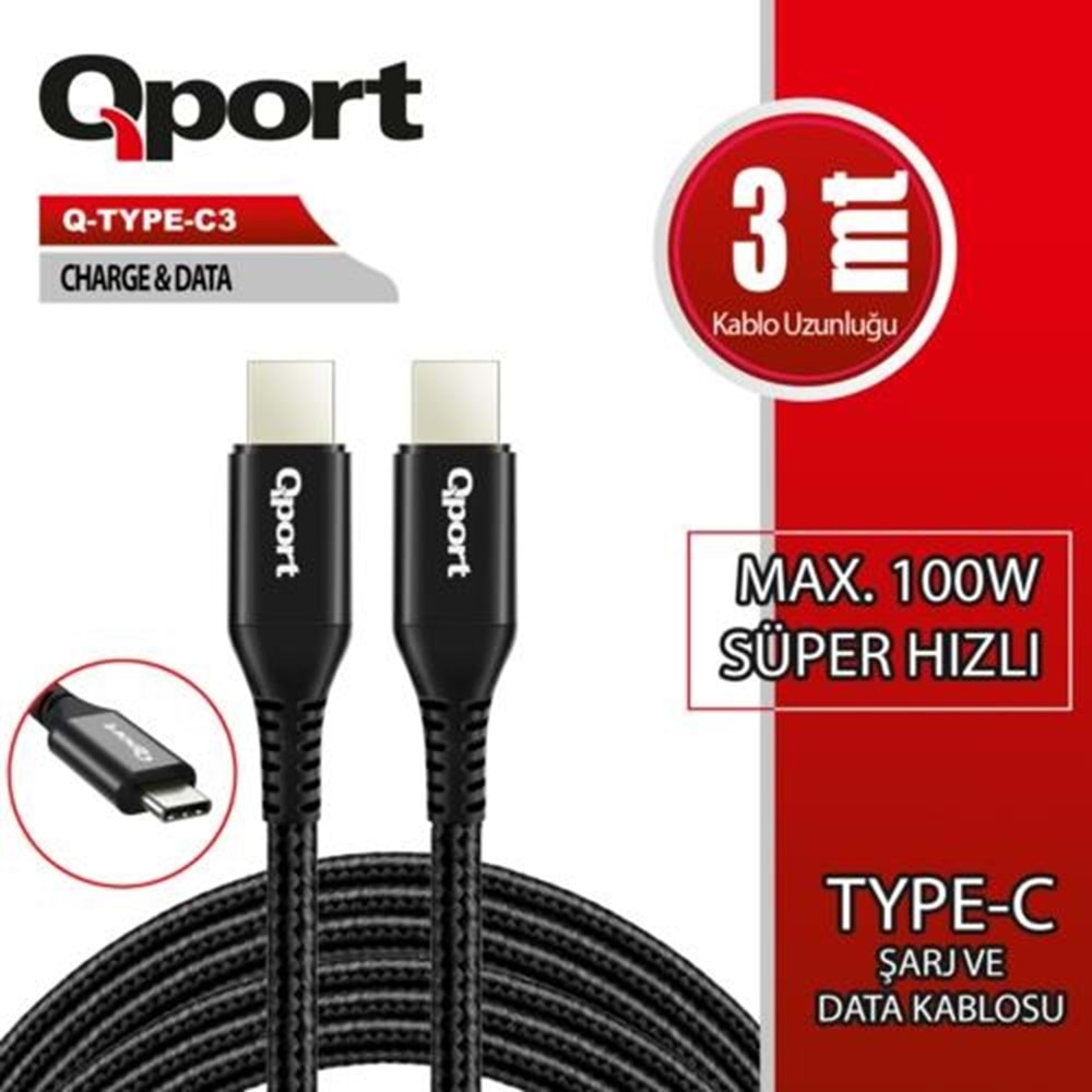 Qport Q-TYPE-C3 3m Type-C 100w Süper Hızlı PD Şarj ve Data Kablosu
