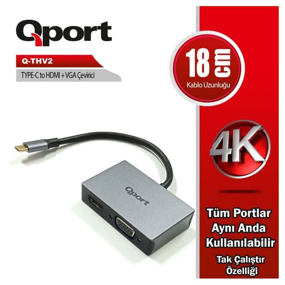Qport Q-Thv2 Type-C To Hdmı/Vga Cevirici Adaptör