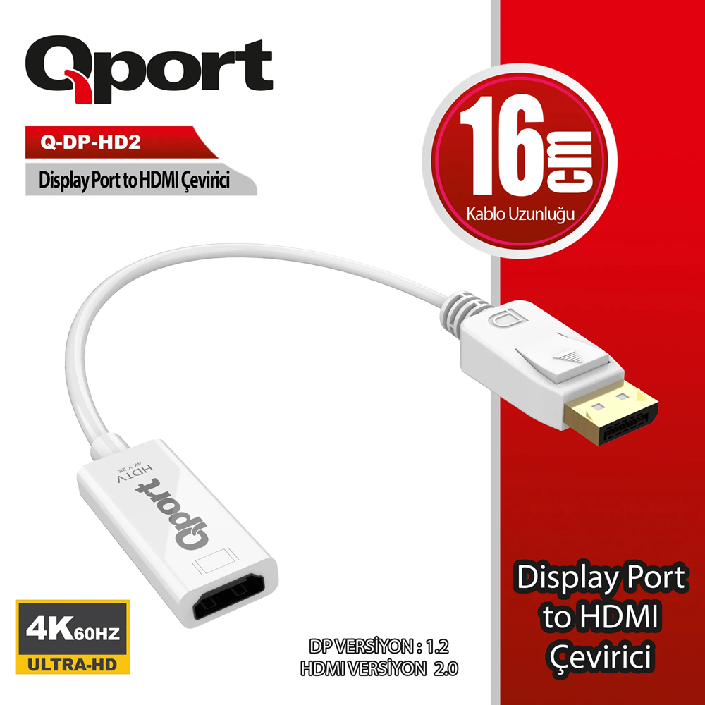 Qport Q-Dp-Hd2 Display Port to Hdmi Cevirici 4K 60Hz